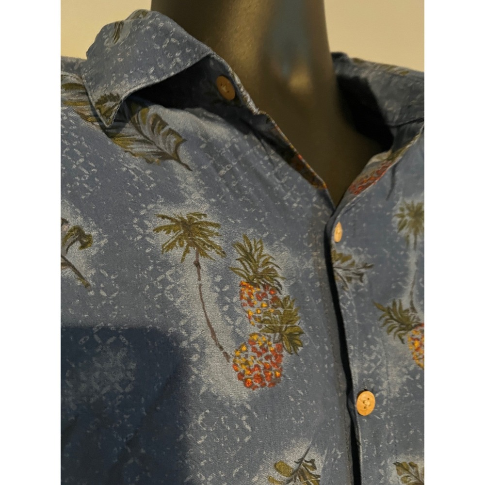 Pronto Uomo Mens Large Blue Tropical Pineapple Palm Tree Rayon Button Down Shirt - Picture 2 of 5
